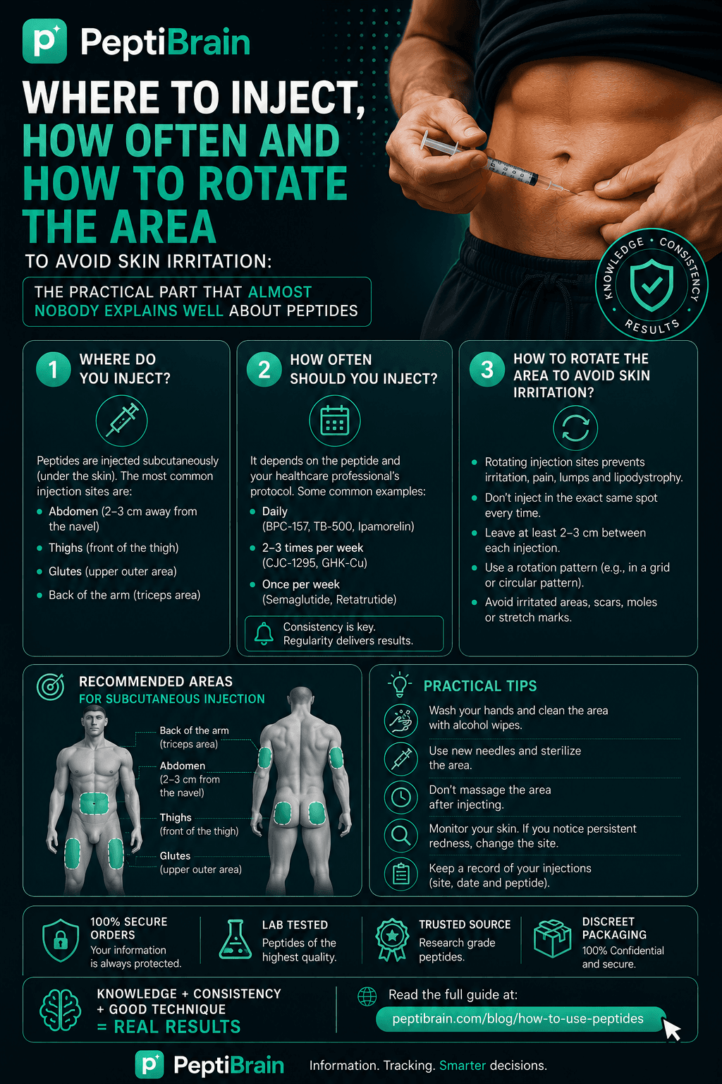 Map of subcutaneous injection sites: abdomen, thighs, glutes, and the back of the arm